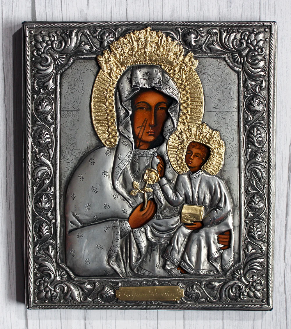 Ikona malowana Matka Boska Częstochowska 24,5x27,5 z różą