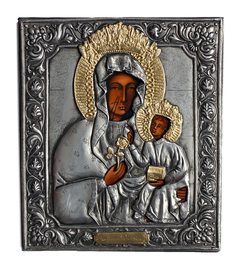 Ikona malowana Matka Boska Częstochowska 24,5x27,5 z różą